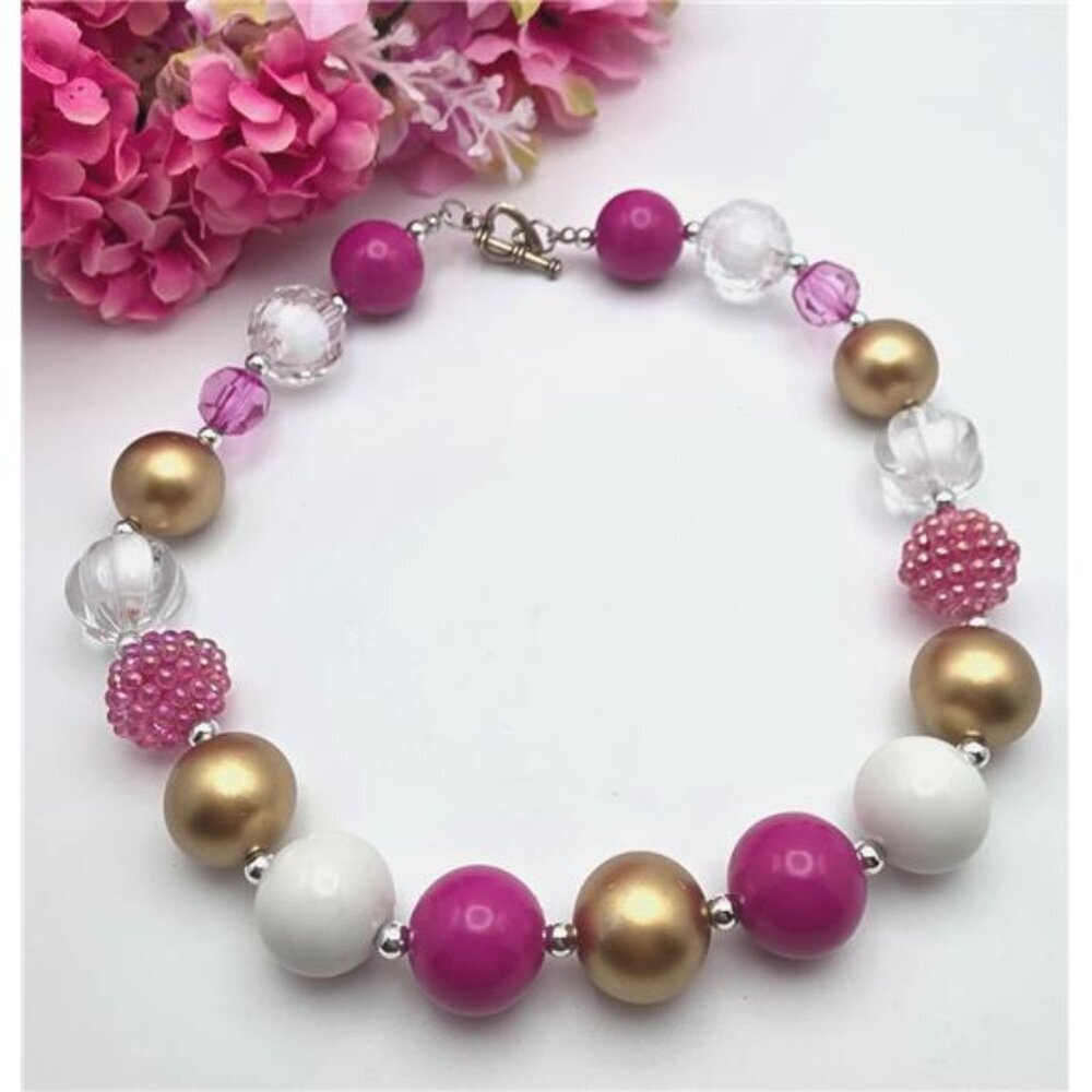 Pink White Gold Bubblegum Bead Necklace 18 In Toggle Heart Clasp 20mm Balls